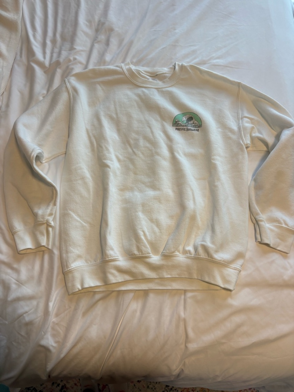 PacSun Cream Crewneck Sweatshirt with Green Wave Logo
